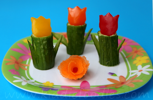 Tulip garden snack for kids - cucumber garnished with tuna