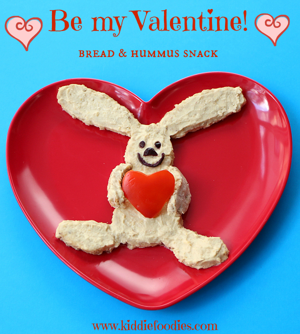 Be my Valentine rabbit with a hear, healthy snack for kids, bread and hummus #snack, #valentinesideas