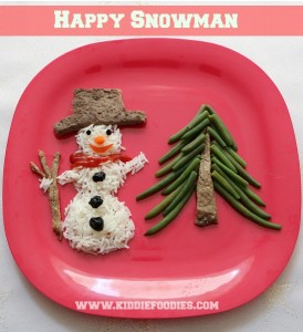 Snowman made with rice, beef steak, pine made with green beans