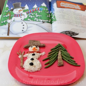 Snowman made of rice, beef and green beans