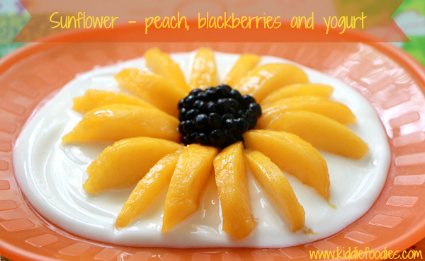 Sunflower - peach, blackberries and yogurt easy dessert for kids with title