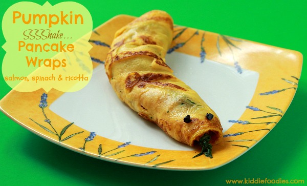 Pumpkin recipes - homemade pancake wraps with salmon, spinach and ricotta