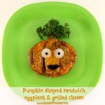 Pumpkin shaped, grilled eggplant and cheese sandwich for kids title