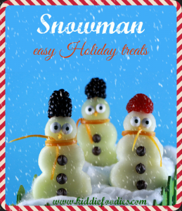 Snowman made with fruits on a stick, easy Holiday treats for kids