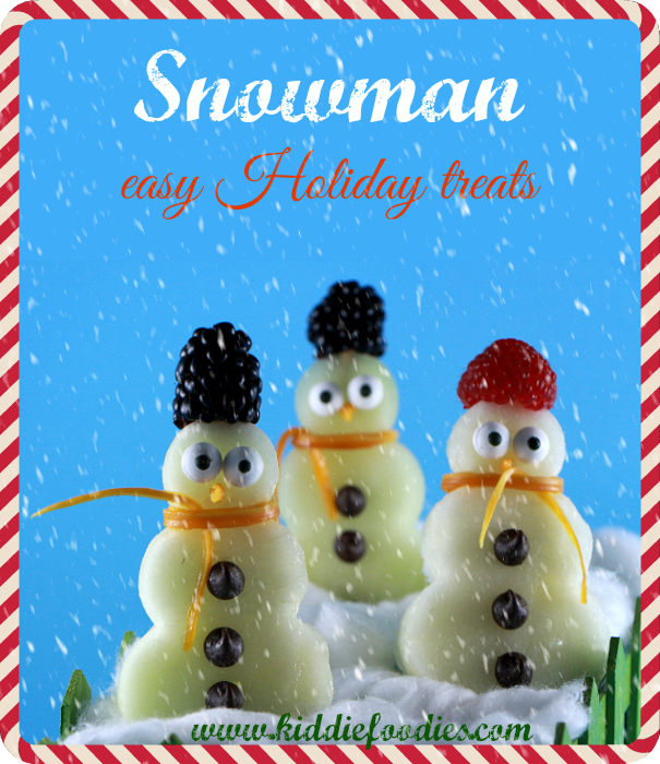 Snowman made with fruits on a stick, easy Holiday treats for kids